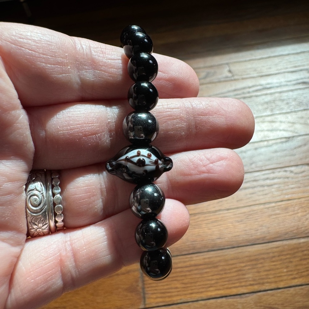 Black Obsidian, Hematite & Evil Eye Stretch Bracelet *Protective Energy* 🧿 - Picture 7 of 9